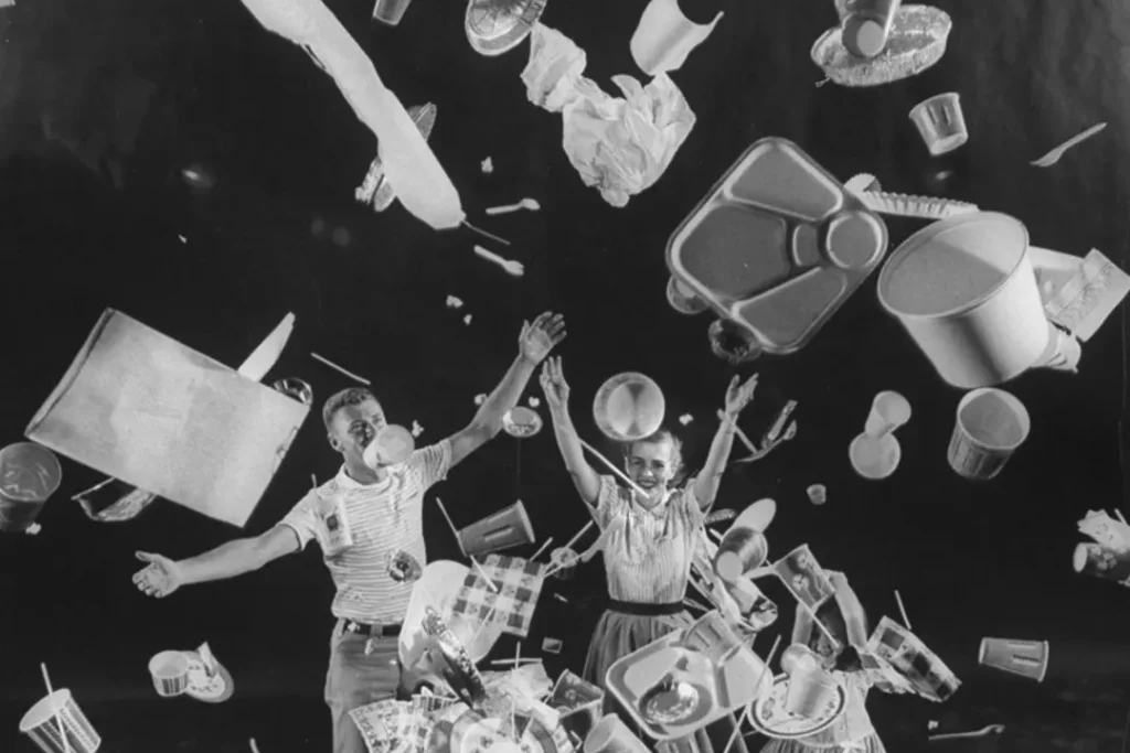 man woman children tossing disposable plastic items into the air